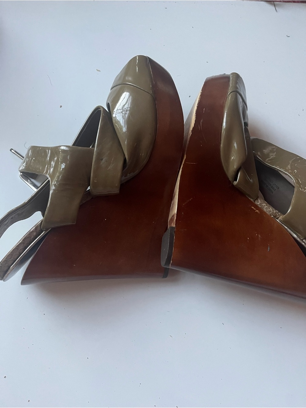 Mark & Graham Olive Patent Leather Wedge Sandals